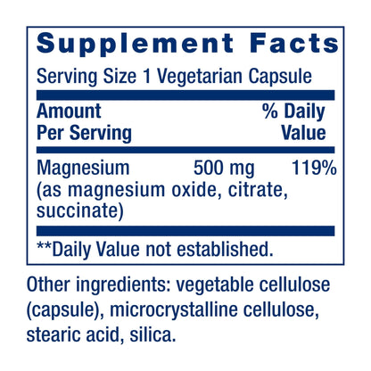 Life Extension Magnesium Caps, 500 mg, Magnesium Oxide, Citrate, and Succinate, Heart Health, Healthy Bones, Metabolism Support, 100 Vegetarian Capsules - dailyvitalstore