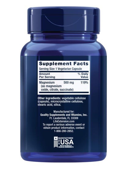 Life Extension Magnesium Caps, 500 mg, Magnesium Oxide, Citrate, and Succinate, Heart Health, Healthy Bones, Metabolism Support, 100 Vegetarian Capsules - dailyvitalstore