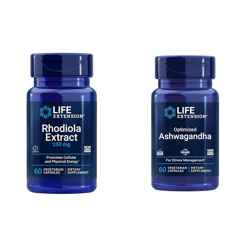 Life Extension Rhodiola and Ashwagandha Extract Bundle, Rhodiola rosea and ashwagandha Supplements, 60 Capsules Each - dailyvitalstore