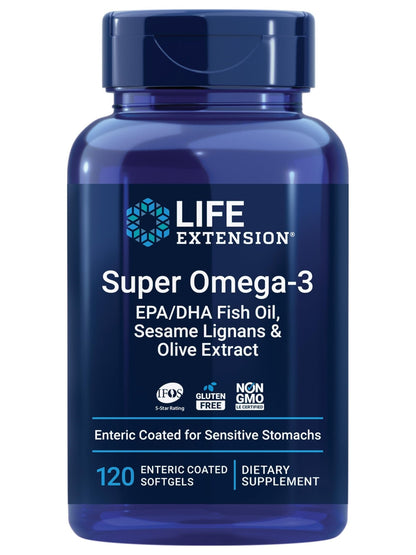 Life Extension Super Omega-3 EPA/DHA Fish Oil, Sesame Lignans & Olive Extract – Heart Health, Brain Health, Inflammation Health Support, Gluten-Free, Enteric-Coated, Non-GMO, 120 Softgels - dailyvitalstore