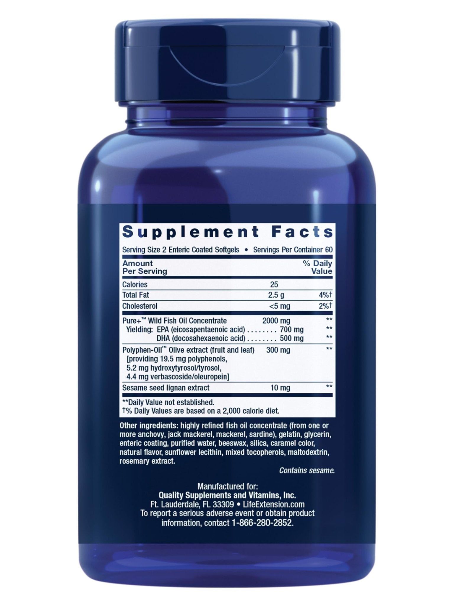 Life Extension Super Omega-3 EPA/DHA Fish Oil, Sesame Lignans & Olive Extract – Heart Health, Brain Health, Inflammation Health Support, Gluten-Free, Enteric-Coated, Non-GMO, 120 Softgels - dailyvitalstore