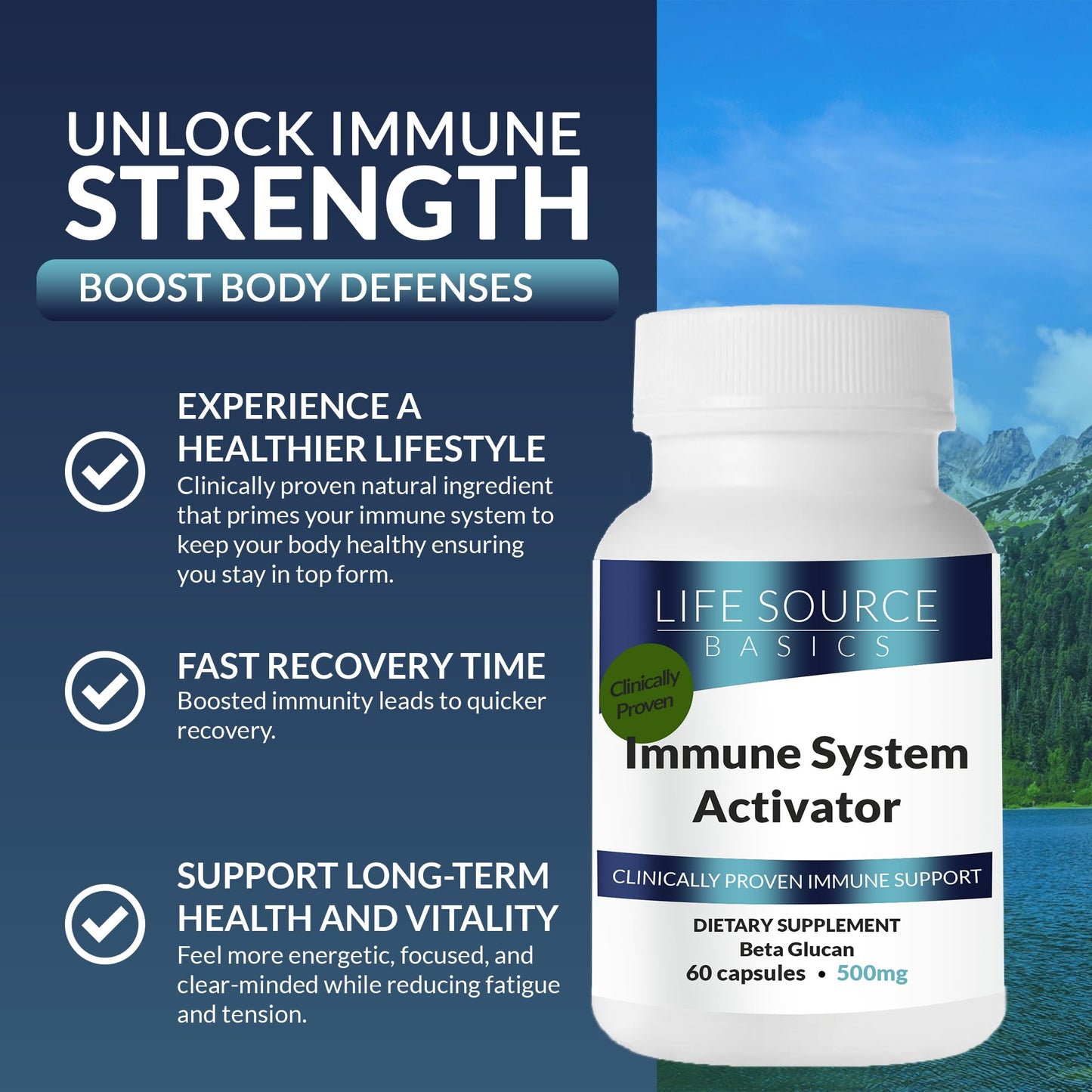 Life Source Basics Immune System Support Activator - High Purity Beta 1,3/1,6 Glucan - Immunity and Vitamin Supplement Non-GMO & Vegan Friendly for Men & Women, Gluten-Free 500 mg - 60 Capsules - dailyvitalstore