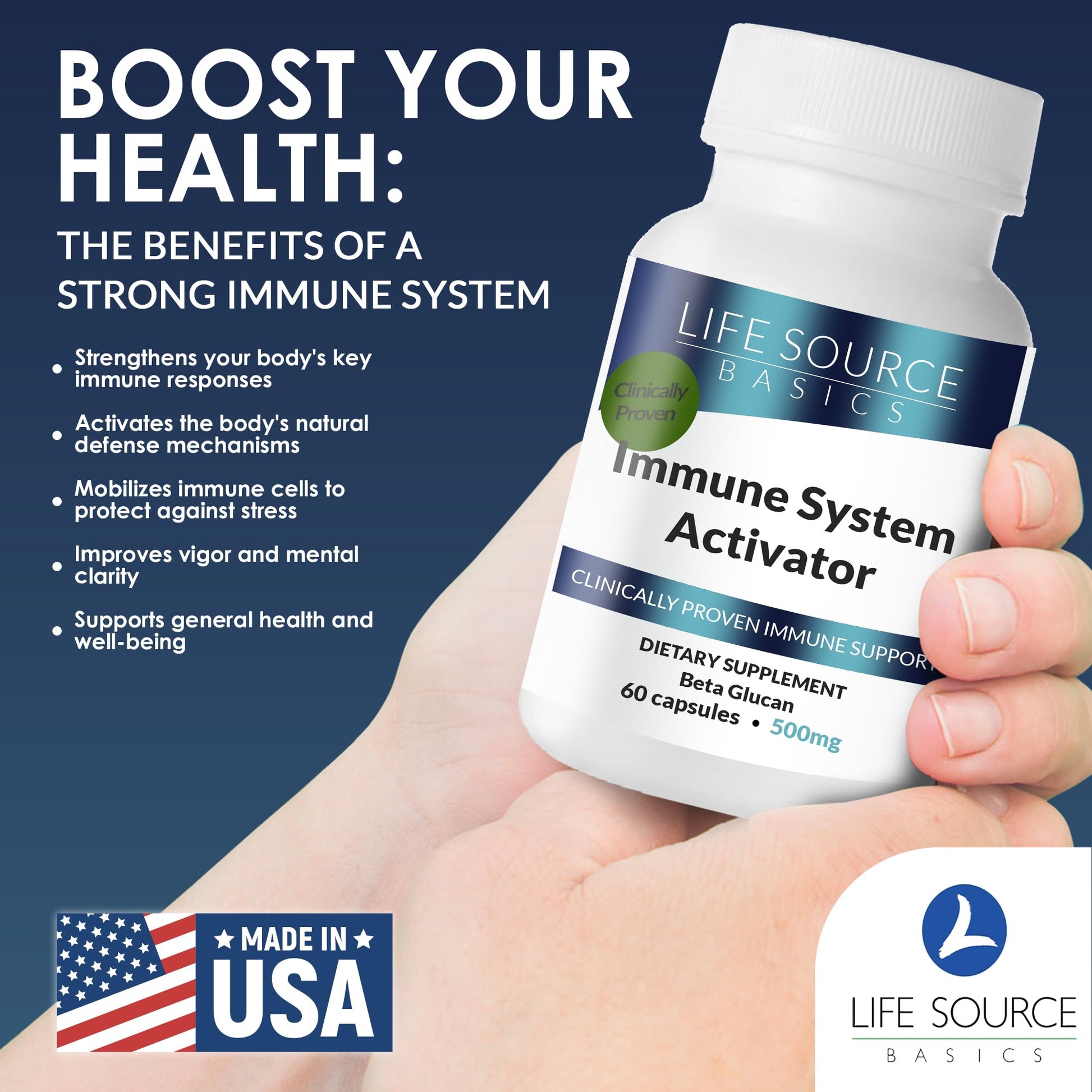 Life Source Basics Immune System Support Activator - High Purity Beta 1,3/1,6 Glucan - Immunity and Vitamin Supplement Non-GMO & Vegan Friendly for Men & Women, Gluten-Free 500 mg - 60 Capsules - dailyvitalstore