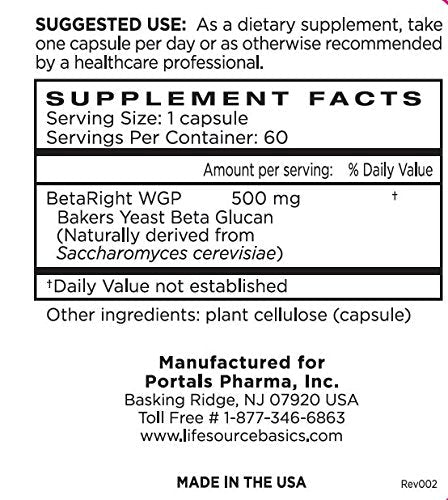 Life Source Basics Immune System Support Activator - High Purity Beta 1,3/1,6 Glucan - Immunity and Vitamin Supplement Non-GMO & Vegan Friendly for Men & Women, Gluten-Free 500 mg - 60 Capsules - dailyvitalstore