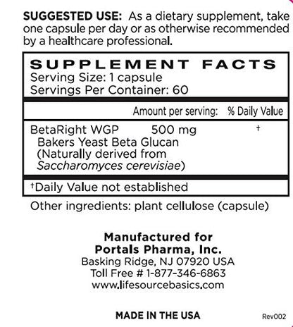 Life Source Basics Immune System Support Activator - High Purity Beta 1,3/1,6 Glucan - Immunity and Vitamin Supplement Non-GMO & Vegan Friendly for Men & Women, Gluten-Free 500 mg - 60 Capsules - dailyvitalstore
