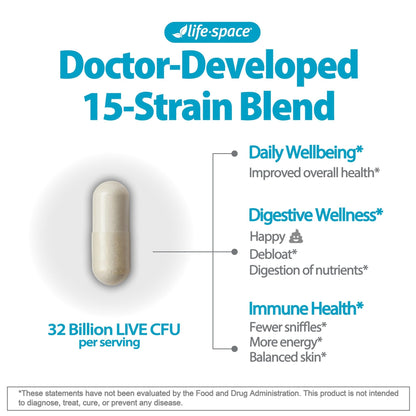 Life-Space Premium Broad Spectrum Probiotics, 2 Month Serving, 32 Billion CFU & 15 Diverse Strains, Formulated for Daily Digestive Health & Immune Health, - dailyvitalstore