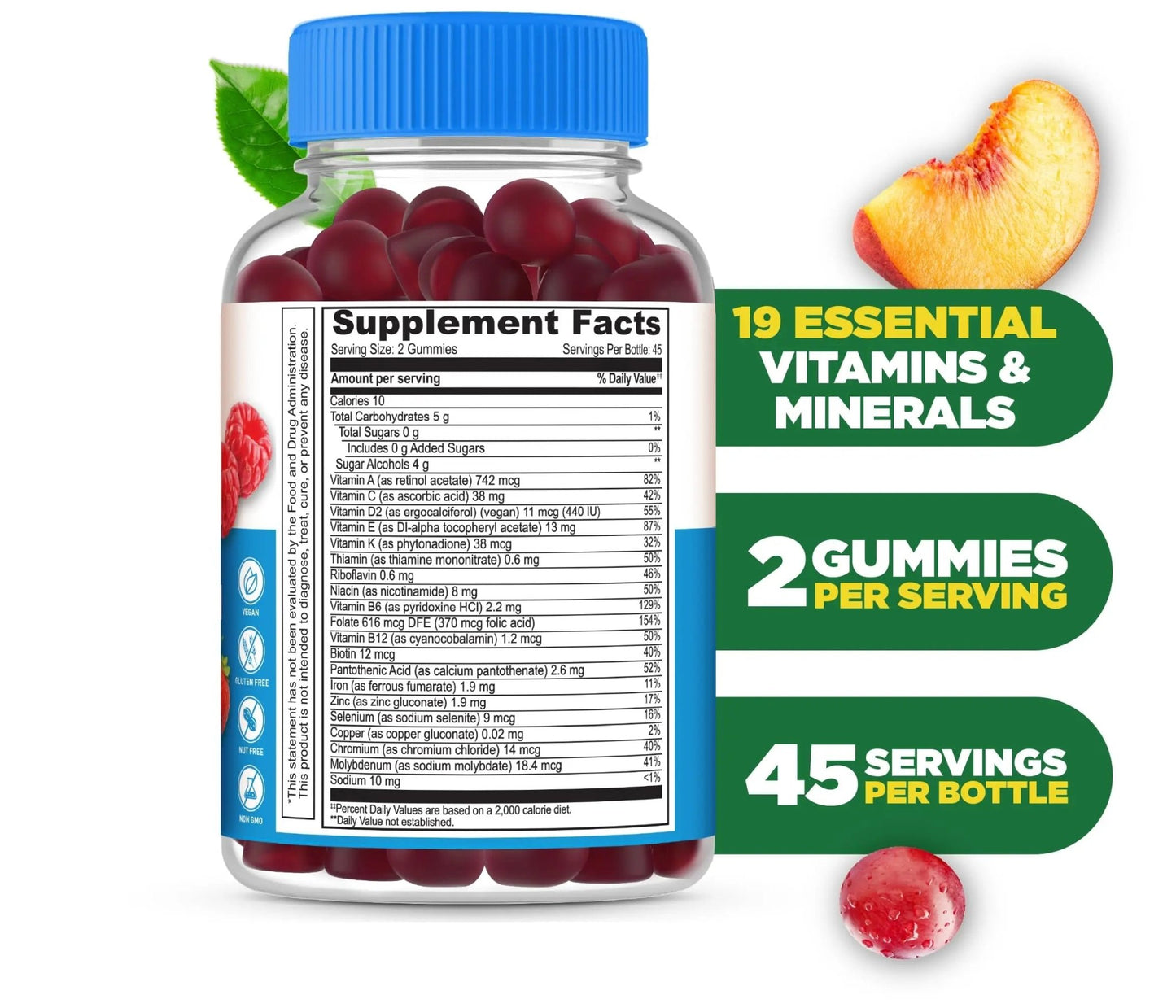 Lifeable Sugar Free Multivitamin Gummies | with Iron Vitamin A, C, D, E, Niacin, B6, Folate, B12, Biotin, Pantothenic Acid, Zinc | - dailyvitalstore