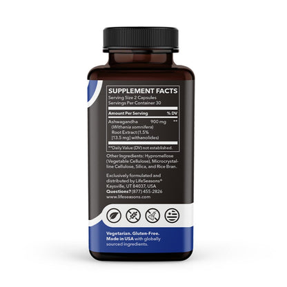 LifeSeasons Essentials Ashwagandha - Stress & Sleep Support Supplement - Calm & Focused Mind - Improves Athletic Performance & Brain Function - 900mg per 2 Capsules - 60 Capsules - dailyvitalstore