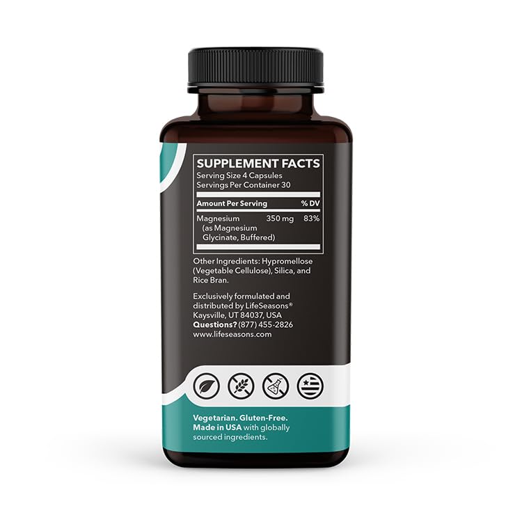 LifeSeasons Magnesium Glycinate 350 mg – Highly Absorbable Magnesium Supplement for Sleep Support, Calm Mood & Muscle Relaxation – Vegan, Gluten‑Free, 120 Vegetarian Capsules - dailyvitalstore