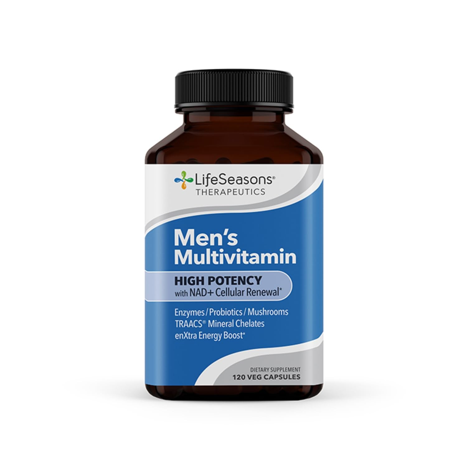 LifeSeasons Men's Multivitamin – High Potency with 21 Vitamins & Minerals, PureWay-C®, NAD+, Active B-Vitamins, TRAACS® Chelates, enXtra® for Energy, Probiotics & Mushrooms – 120 Veg Capsules - dailyvitalstore