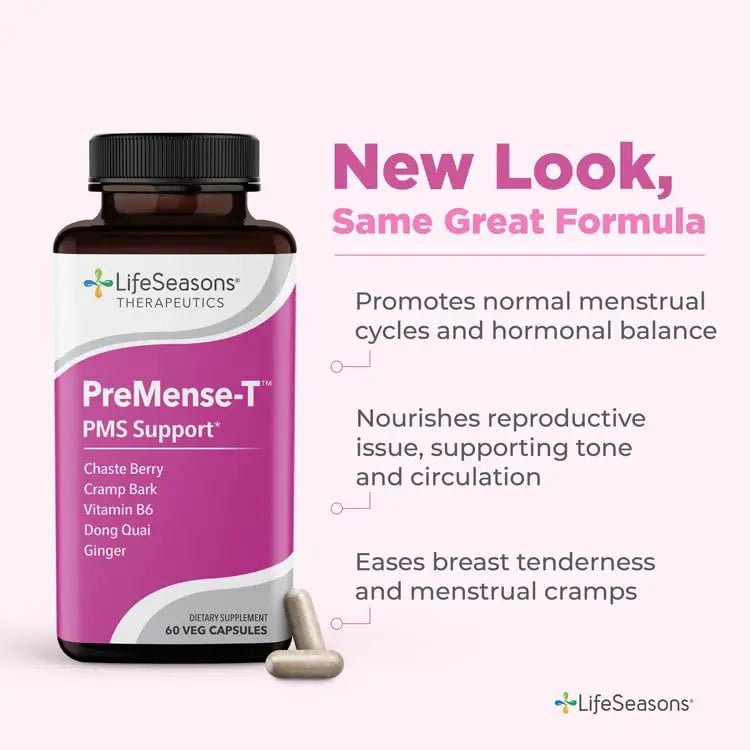 LifeSeasons - PreMense-T - PMS Relief Supplement - Support for Pre-Menstrual Symptoms, Cramping & Breast Tenderness - Nourish Tissue - Ginger Crampbark Dong Quai Chasteberry & Vitamin B6-60 Capsules - dailyvitalstore