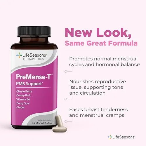 LifeSeasons - PreMense-T - PMS Relief Supplement - Support for Pre-Menstrual Symptoms, Cramping & Breast Tenderness - Nourish Tissue - Ginger Crampbark Dong Quai Chasteberry & Vitamin B6-60 Capsules - dailyvitalstore