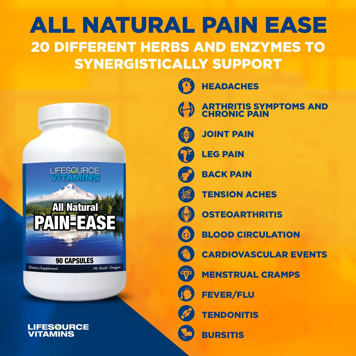 LifeSource Vitamins All Natural Pain Ease – 20 Synergistic Herbs and Enzymes That Naturally & Safely Support: Headaches & Migraines - Knees – Shoulders – Joints – Leg Pain – Tension - dailyvitalstore