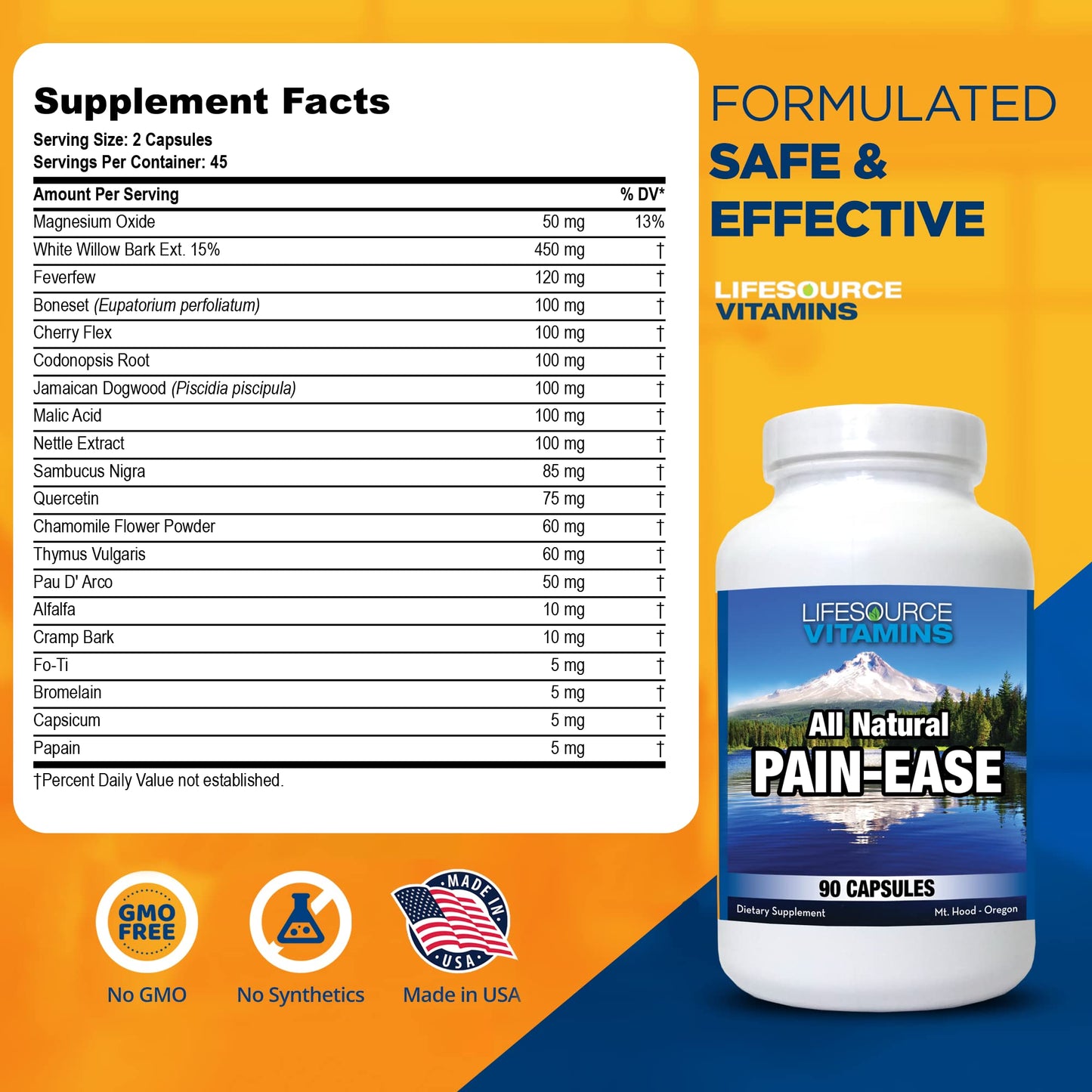 LifeSource Vitamins All Natural Pain Ease – 20 Synergistic Herbs and Enzymes That Naturally & Safely Support: Headaches & Migraines - Knees – Shoulders – Joints – Leg Pain – Tension - dailyvitalstore