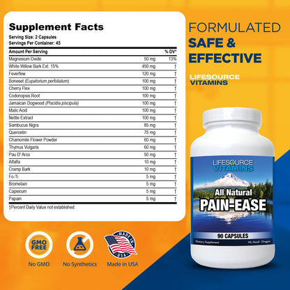 LifeSource Vitamins All Natural Pain Ease – 20 Synergistic Herbs and Enzymes That Naturally & Safely Support: Headaches & Migraines - Knees – Shoulders – Joints – Leg Pain – Tension - dailyvitalstore