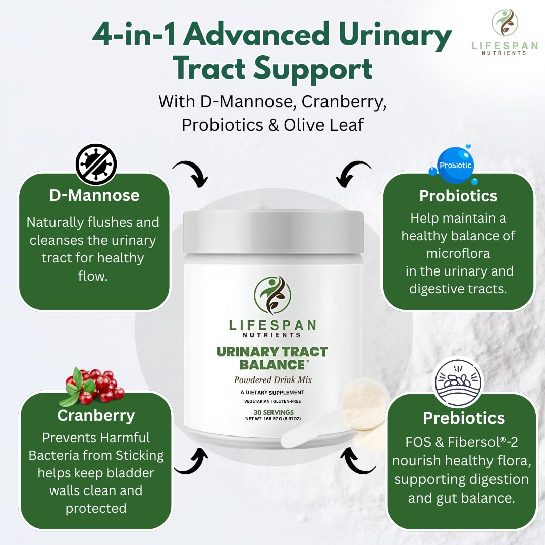 LifeSpan Nutrients D Mannose with Cranberry and Probiotics Powder Supports Urinary Tract and Bladder Health Easy Mix Drink Vegan Gluten Free 30 Servings - dailyvitalstore