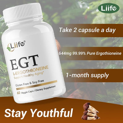 LIIFE L-Ergothioneine Supplement (EGT) 30mg,Compound Antioxidant Supplement (May Support Longevity and Healthy Aging) Promotes Skin Health，60 Capsules，Non-GMO, Gluten Free, Vegan Safe - dailyvitalstore