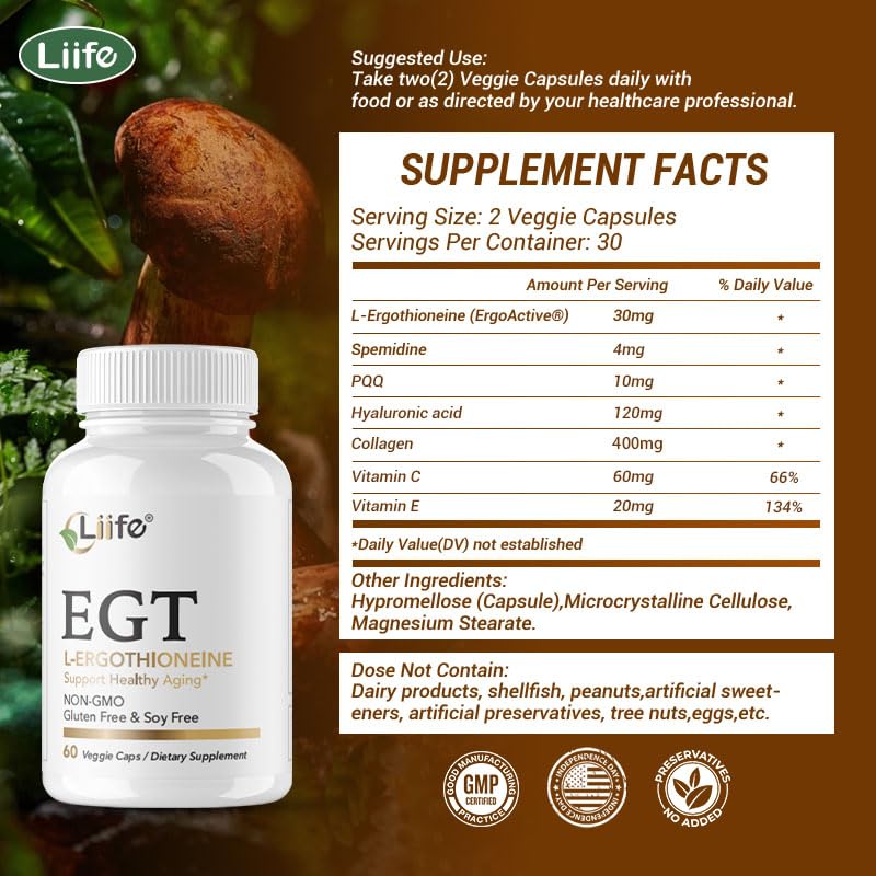 LIIFE L-Ergothioneine Supplement (EGT) 30mg,Compound Antioxidant Supplement (May Support Longevity and Healthy Aging) Promotes Skin Health，60 Capsules，Non-GMO, Gluten Free, Vegan Safe - dailyvitalstore