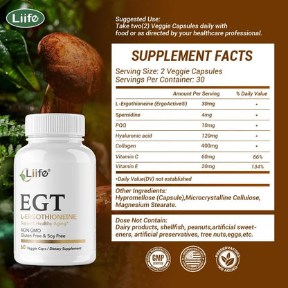 LIIFE L-Ergothioneine Supplement (EGT) 30mg,Compound Antioxidant Supplement (May Support Longevity and Healthy Aging) Promotes Skin Health，60 Capsules，Non-GMO, Gluten Free, Vegan Safe - dailyvitalstore