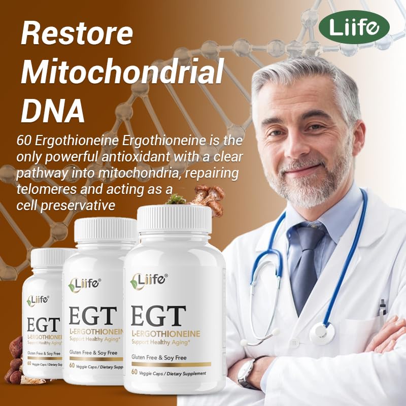 LIIFE L-Ergothioneine Supplement (EGT) 30mg,Compound Antioxidant Supplement (May Support Longevity and Healthy Aging) Promotes Skin Health，60 Capsules，Non-GMO, Gluten Free, Vegan Safe - dailyvitalstore