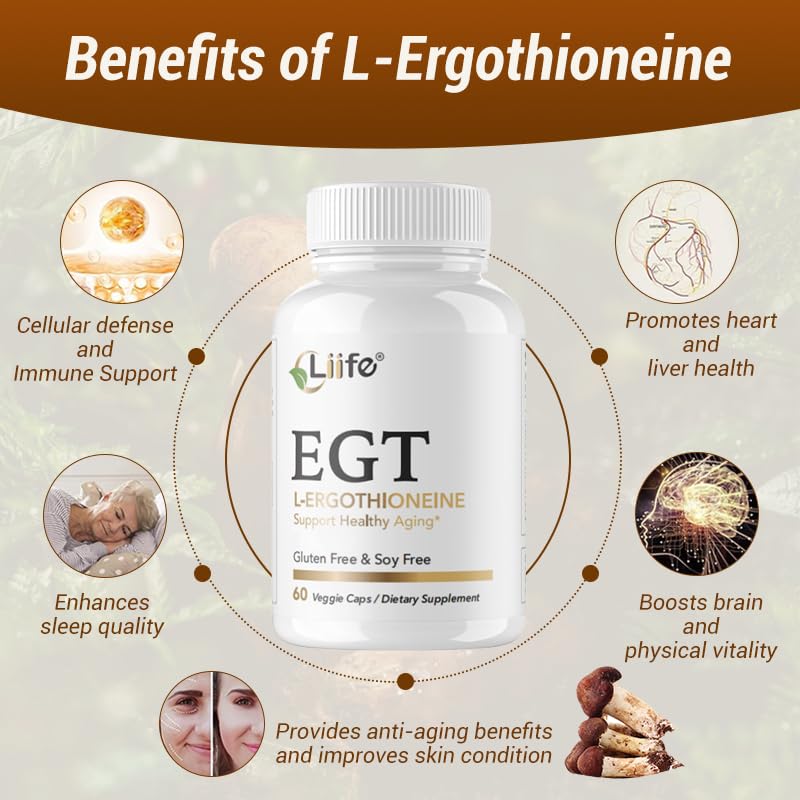 LIIFE L-Ergothioneine Supplement (EGT) 30mg,Compound Antioxidant Supplement (May Support Longevity and Healthy Aging) Promotes Skin Health，60 Capsules，Non-GMO, Gluten Free, Vegan Safe - dailyvitalstore