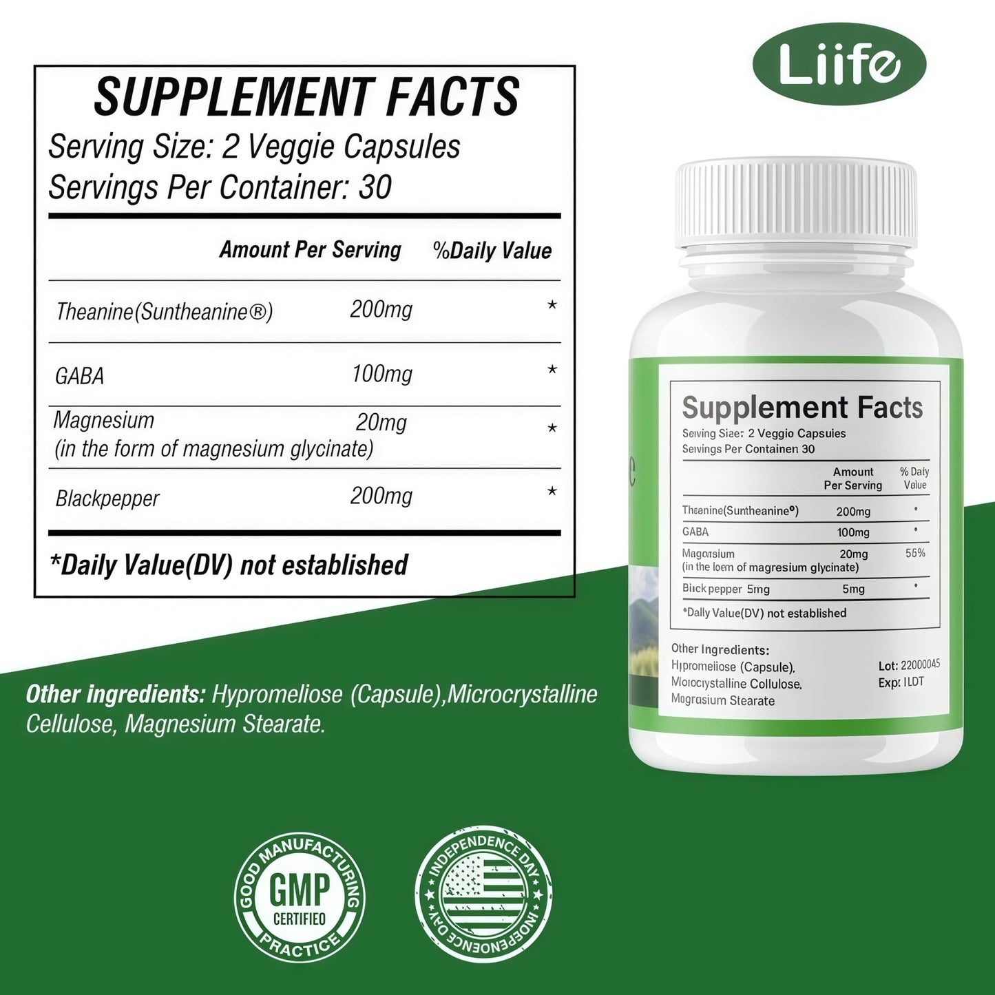 LIIFE L-Theanine (Suntheanine®) with GABA– 60 Veggie Capsules Support with Magnesium & Black Pepper for a Healthy Stress Response, Relaxation, and Focus Increases Brain Alpha-Wave Production* - dailyvitalstore