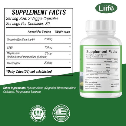 LIIFE L-Theanine (Suntheanine®) with GABA– 60 Veggie Capsules Support with Magnesium & Black Pepper for a Healthy Stress Response, Relaxation, and Focus Increases Brain Alpha-Wave Production* - dailyvitalstore