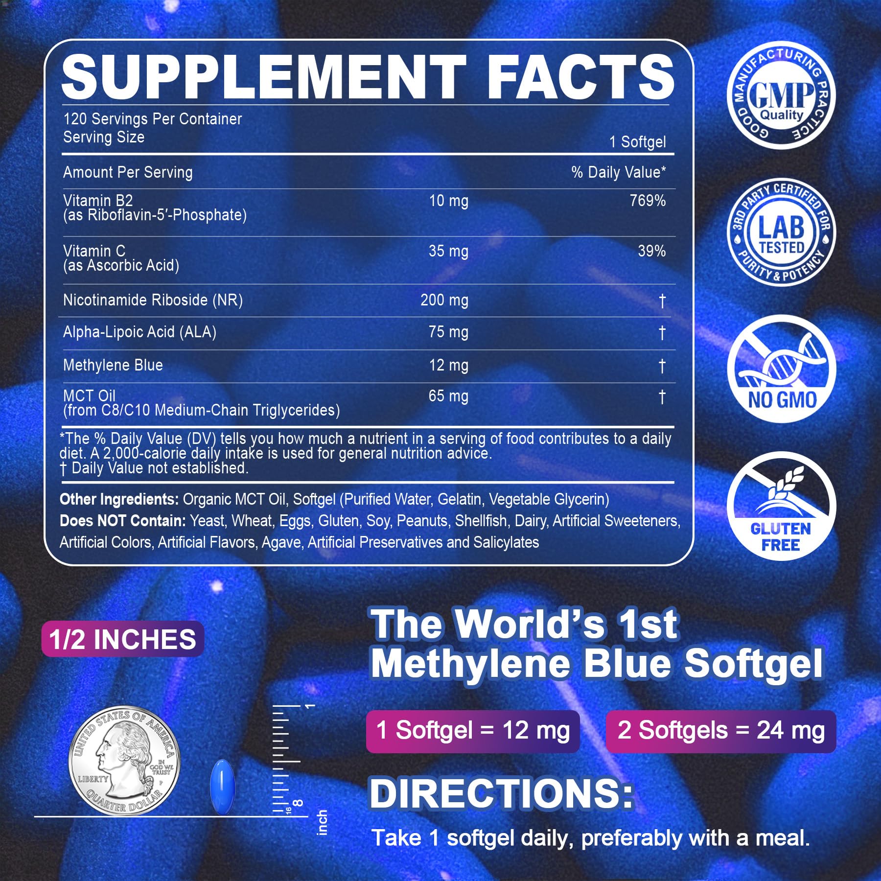 LILICARE Advanced 12mg Methylene Blue Softgels for Humans | Upgraded Brain & Cellular Energy Supplement with CoQ10, NR & ALA | High Absorption Formula, Non-GMO, Mitochondrial & ATP Support, 120 Cts - dailyvitalstore