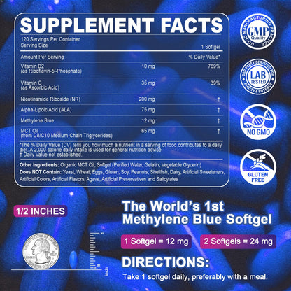 LILICARE Advanced 12mg Methylene Blue Softgels for Humans | Upgraded Brain & Cellular Energy Supplement with CoQ10, NR & ALA | High Absorption Formula, Non-GMO, Mitochondrial & ATP Support, 120 Cts - dailyvitalstore
