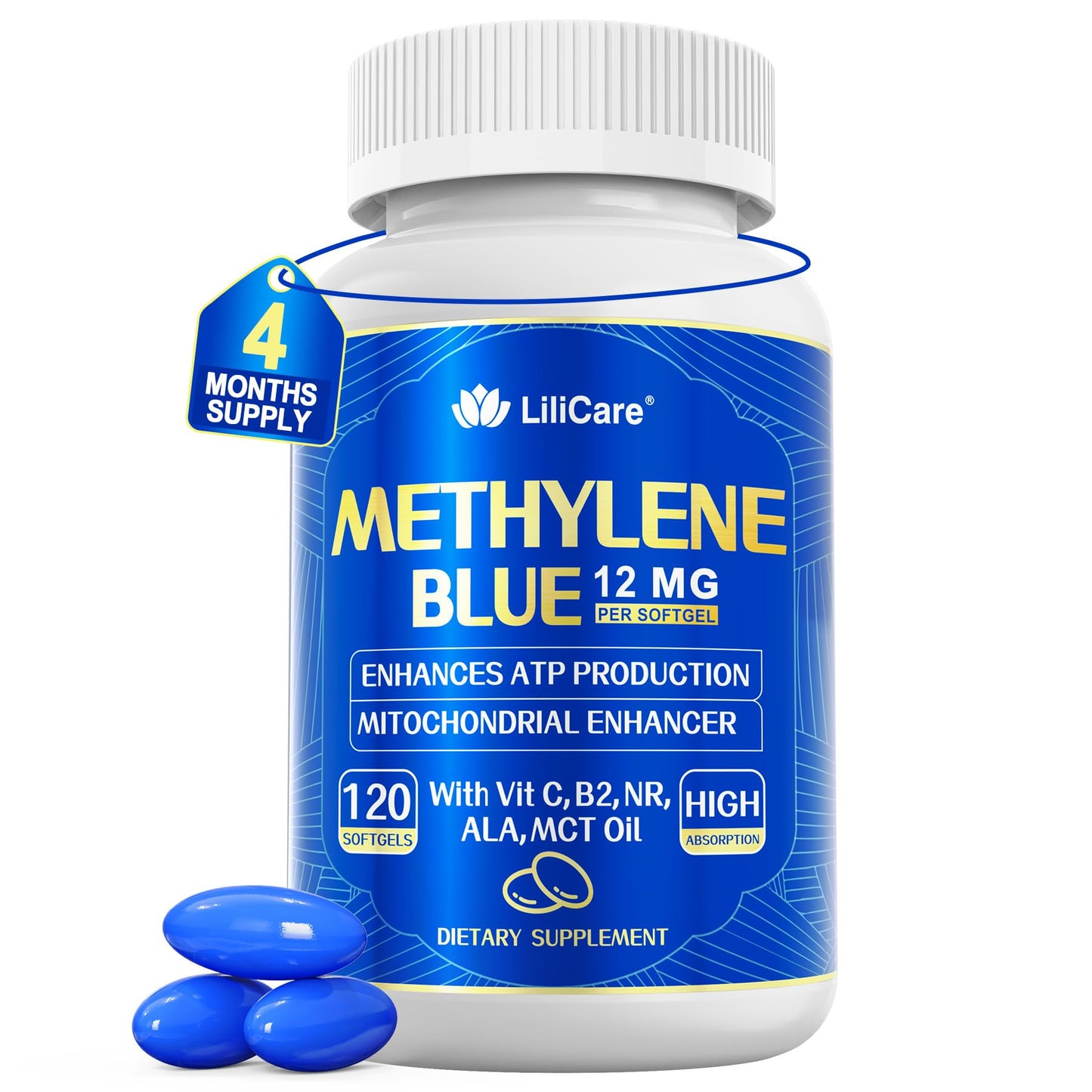 LILICARE Advanced 12mg Methylene Blue Softgels for Humans | Upgraded Brain & Cellular Energy Supplement with CoQ10, NR & ALA | High Absorption Formula, Non-GMO, Mitochondrial & ATP Support, 120 Cts - dailyvitalstore