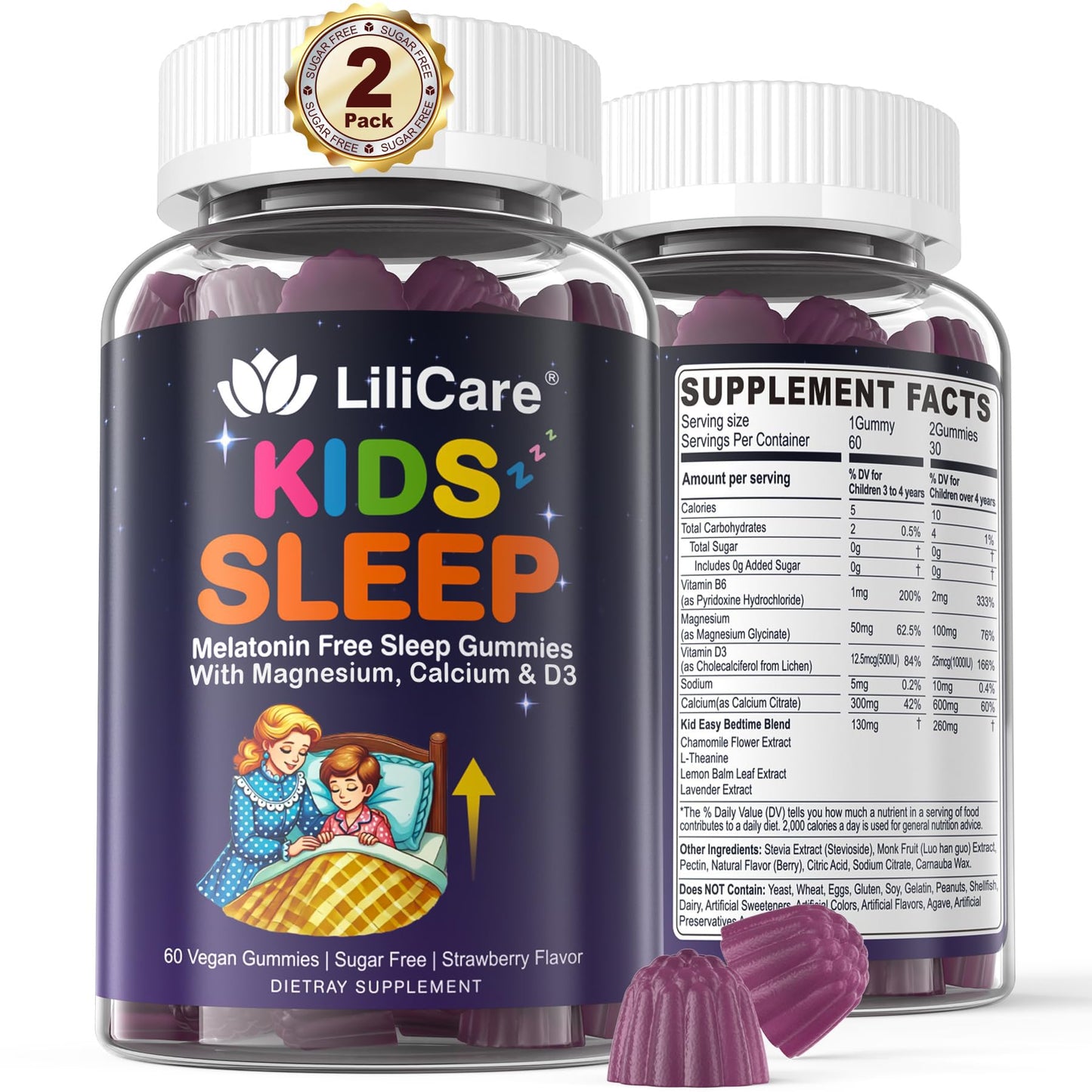 LILICARE Kids Sleep Gummies - Magnesium Glycinate Gummies, Melatonin Free Sleep Aid | Magnesium, Calcium, D3, B6, L Theanine | Kid Melatonin Alternative for Restful Sleep (Pack of 2) - dailyvitalstore