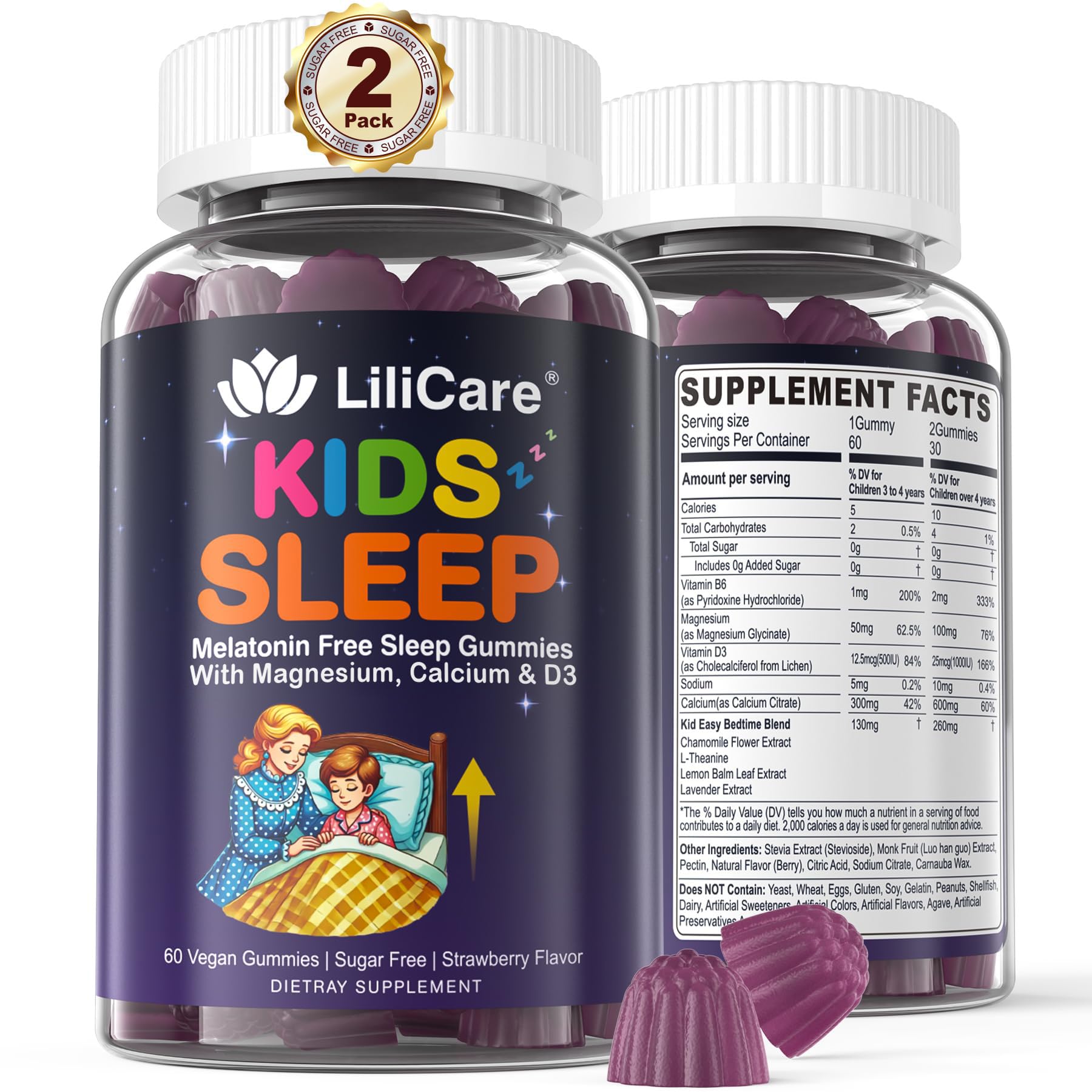 LILICARE Kids Sleep Gummies - Magnesium Glycinate Gummies, Melatonin Free Sleep Aid | Magnesium, Calcium, D3, B6, L Theanine | Kid Melatonin Alternative for Restful Sleep (Pack of 2) - dailyvitalstore