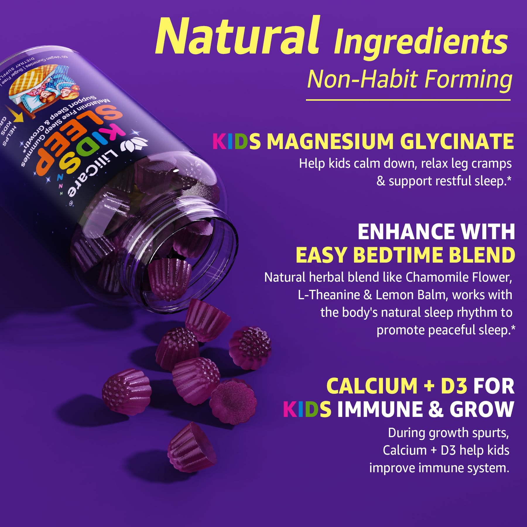 LILICARE Kids Sleep Gummies - Magnesium Glycinate Gummies, Melatonin Free Sleep Aid | Magnesium, Calcium, D3, B6, L Theanine | Kid Melatonin Alternative for Restful Sleep (Pack of 2) - dailyvitalstore