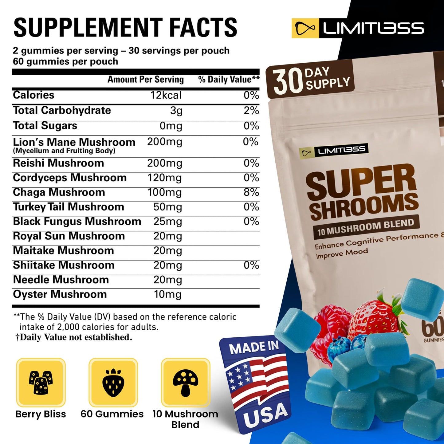 Limitless Supershrooms Smart Focus Gummies - 30 Day Supply - dailyvitalstore