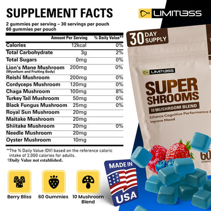 Limitless Supershrooms Smart Focus Gummies - 30 Day Supply - dailyvitalstore