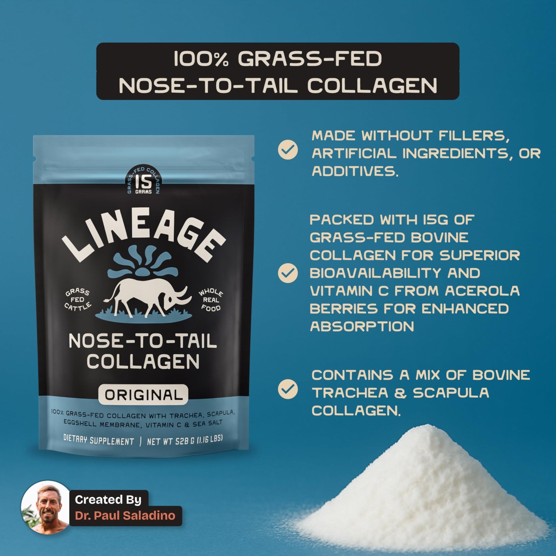 Lineage Provisions 100% Grass Fed Collagen Powder UNFLAVORED – Hydrolyzed Bovine Collagen Peptides with Trachea, Scapula, Eggshell Membrane – Collagen Protein Powder with Vitamin C – 30 Servings - dailyvitalstore