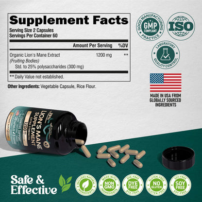 Lions Mane Supplement Capsules - Organic Lions Mane - Made in USA - Fruiting Bodies Extract - 1200 mg, 25% Polysaccharides - Memory & Focus Support - dailyvitalstore