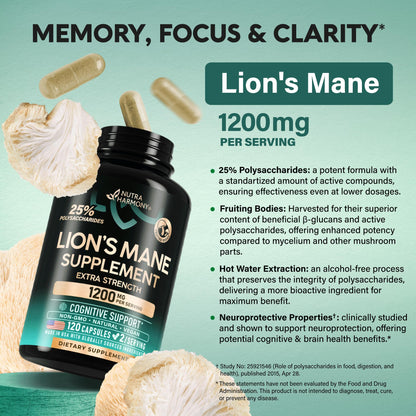 Lions Mane Supplement Capsules - Organic Lions Mane - Made in USA - Fruiting Bodies Extract - 1200 mg, 25% Polysaccharides - Memory & Focus Support - dailyvitalstore