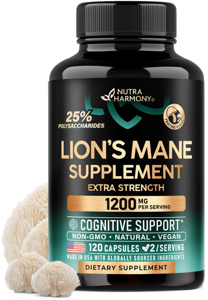 Lions Mane Supplement Capsules - Organic Lions Mane - Made in USA - Fruiting Bodies Extract - 1200 mg, 25% Polysaccharides - Memory & Focus Support - dailyvitalstore