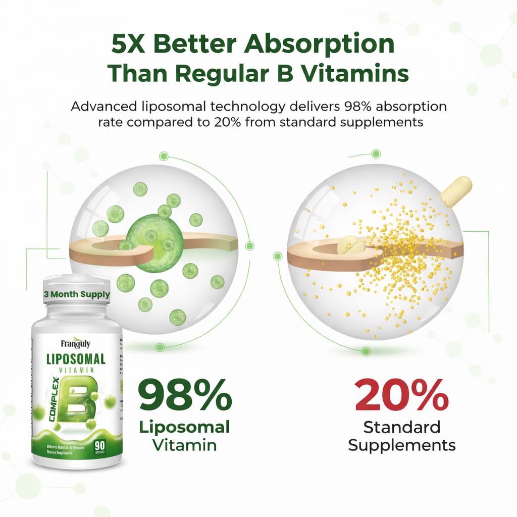 Liposomal B Complex for High Absorption Methylated B12,L-Methyfolate(5-MTHF ),Full Active B Vitamins with Choline Inositol-Energy, Metabolism,Brain & Heart Support - dailyvitalstore