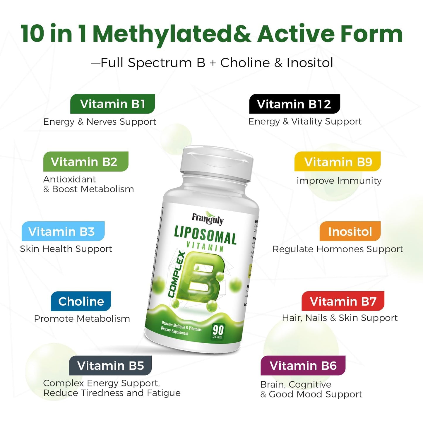 Liposomal B Complex for High Absorption Methylated B12,L-Methyfolate(5-MTHF ),Full Active B Vitamins with Choline Inositol-Energy, Metabolism,Brain & Heart Support - dailyvitalstore