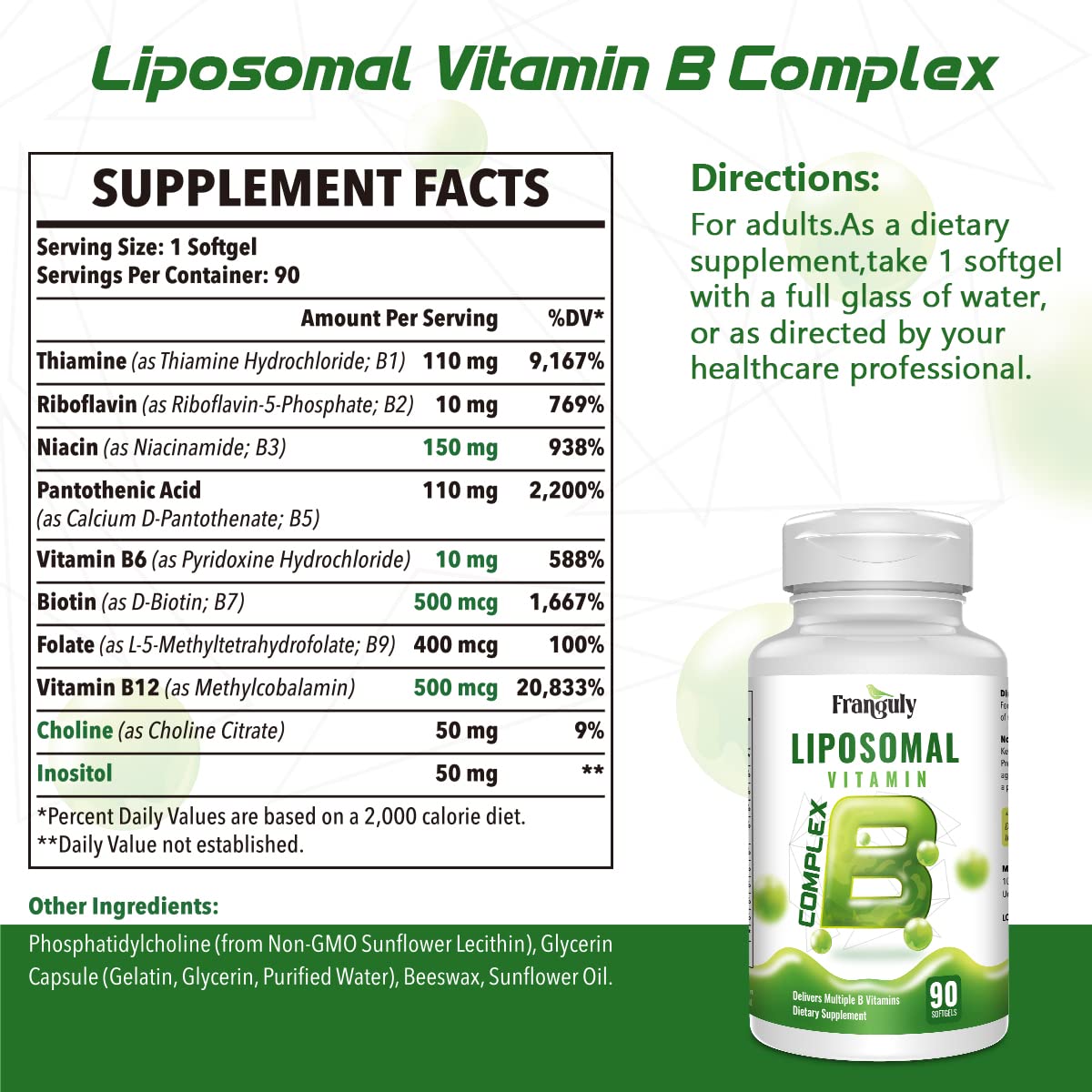 Liposomal B Complex for High Absorption Methylated B12,L-Methyfolate(5-MTHF ),Full Active B Vitamins with Choline Inositol-Energy, Metabolism,Brain & Heart Support - dailyvitalstore