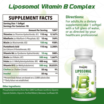 Liposomal B Complex for High Absorption Methylated B12,L-Methyfolate(5-MTHF ),Full Active B Vitamins with Choline Inositol-Energy, Metabolism,Brain & Heart Support - dailyvitalstore