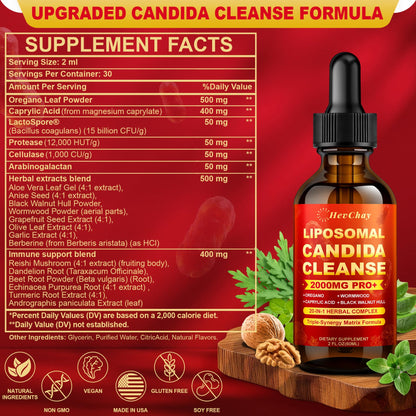 Liposomal Candida Cleanse Drops 2000mg - 20-in-1 Candida Detox for Women & Men with Caprylic Acid, Oregano, Black Walnut & Wormwood – Yeast Detox, Gut & Colon Support, - dailyvitalstore