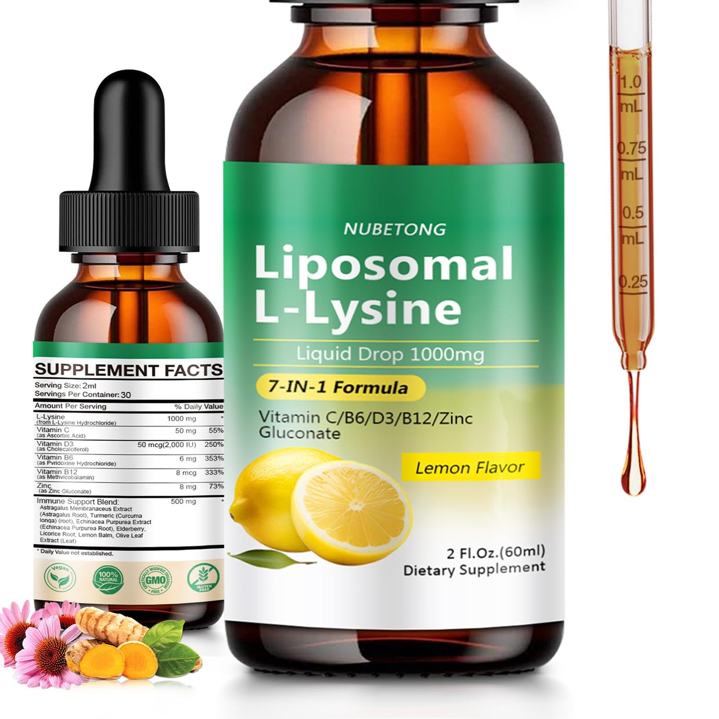 Liposomal L-Lysine 1000mg Liquid Drops, 7-in-1 Lysine Supplement for Adults with Vitamin C/B6/D3/B12 & Zinc Gluconate, Immune Support, Collagen Synthesis & Skin Lip Health, Lemon Flavor, 2 Fl Oz - dailyvitalstore