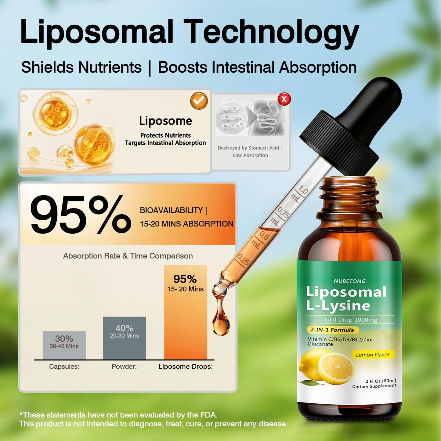Liposomal L-Lysine 1000mg Liquid Drops, 7-in-1 Lysine Supplement for Adults with Vitamin C/B6/D3/B12 & Zinc Gluconate, Immune Support, Collagen Synthesis & Skin Lip Health, Lemon Flavor, 2 Fl Oz - dailyvitalstore