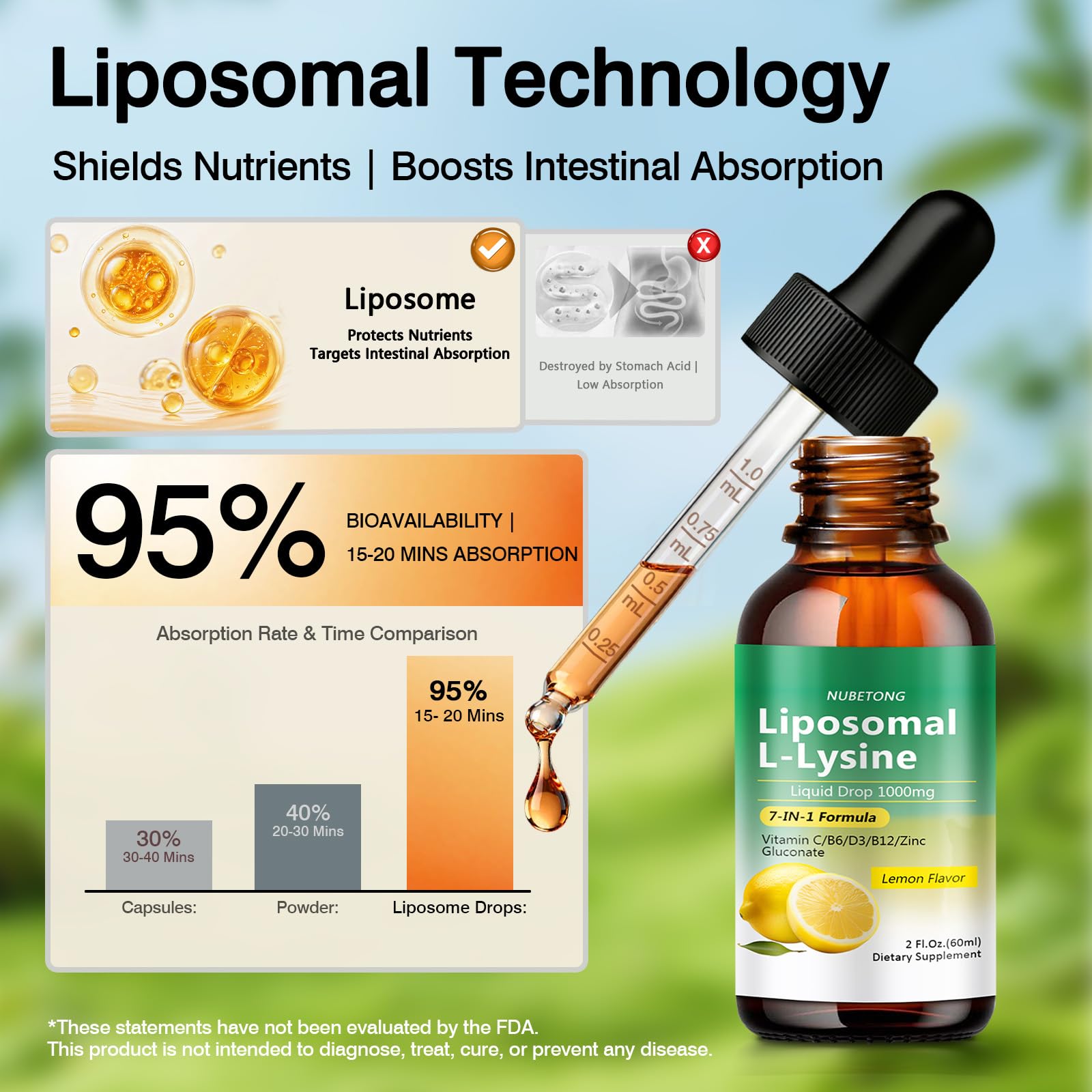 Liposomal L-Lysine 1000mg Liquid Drops, 7-in-1 Lysine Supplement for Adults with Vitamin C/B6/D3/B12 & Zinc Gluconate, Immune Support, Collagen Synthesis & Skin Lip Health, Lemon Flavor, 2 Fl Oz - dailyvitalstore