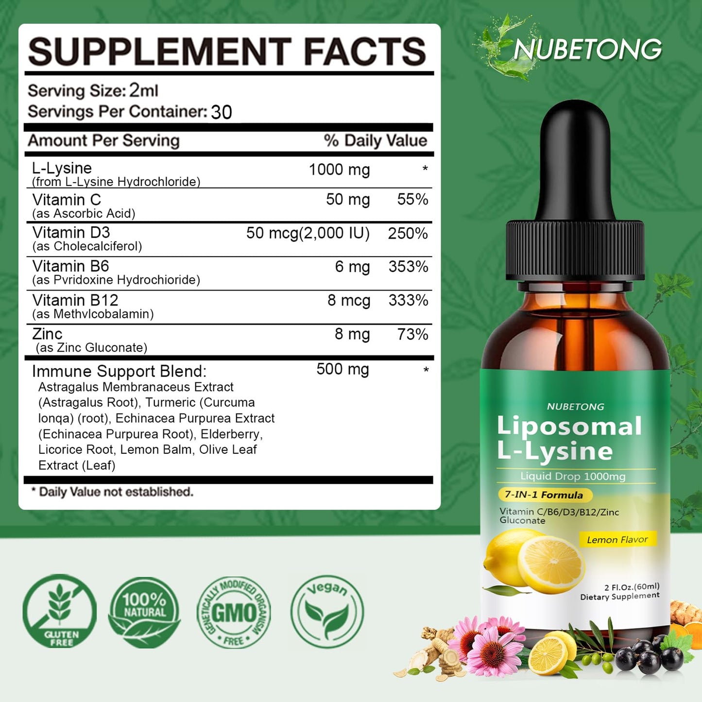 Liposomal L-Lysine 1000mg Liquid Drops, 7-in-1 Lysine Supplement for Adults with Vitamin C/B6/D3/B12 & Zinc Gluconate, Immune Support, Collagen Synthesis & Skin Lip Health, Lemon Flavor, 2 Fl Oz - dailyvitalstore
