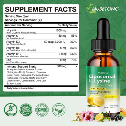 Liposomal L-Lysine 1000mg Liquid Drops, 7-in-1 Lysine Supplement for Adults with Vitamin C/B6/D3/B12 & Zinc Gluconate, Immune Support, Collagen Synthesis & Skin Lip Health, Lemon Flavor, 2 Fl Oz - dailyvitalstore