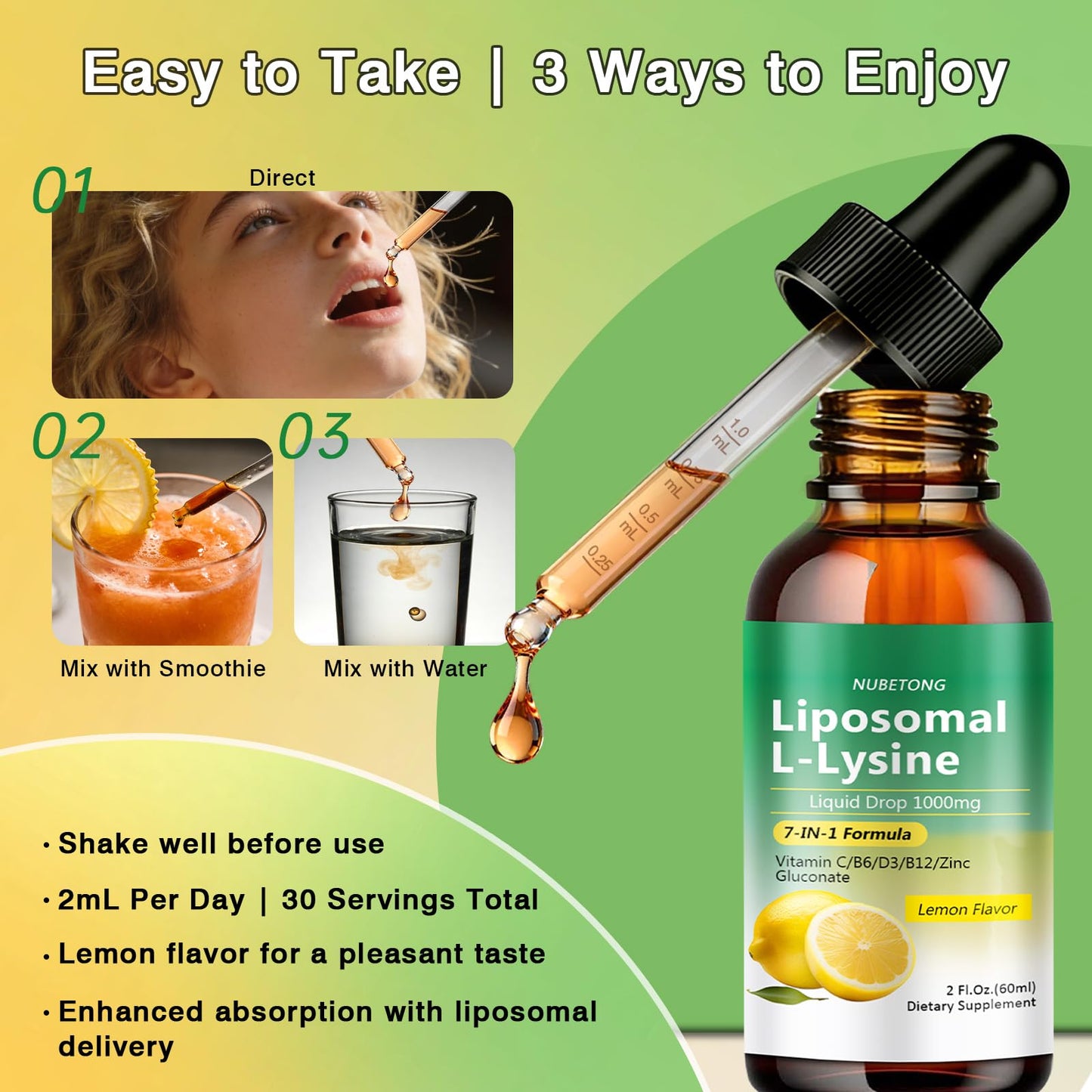 Liposomal L-Lysine 1000mg Liquid Drops, 7-in-1 Lysine Supplement for Adults with Vitamin C/B6/D3/B12 & Zinc Gluconate, Immune Support, Collagen Synthesis & Skin Lip Health, Lemon Flavor, 2 Fl Oz - dailyvitalstore
